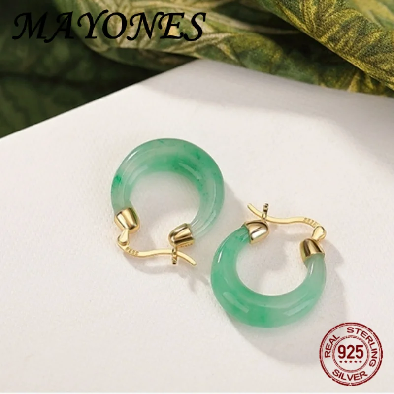 

Зеленый нефрит S925, серебряные позолоченные серьги-кольца для женщин, классические простые модные штабелируемые маленькие серьги, изысканный подарок