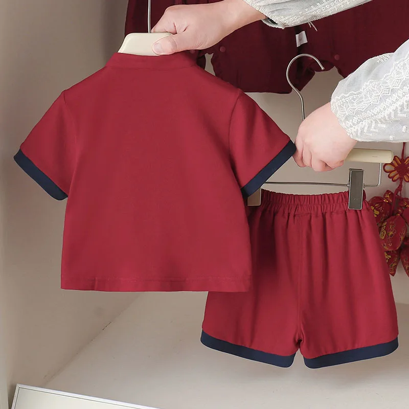 Summer Newborn Boy Clothes Chinese Style New Year Fashion Cute Embroidery Short Sleeve Red Tops+Shorts Baby Clothing Sets B351