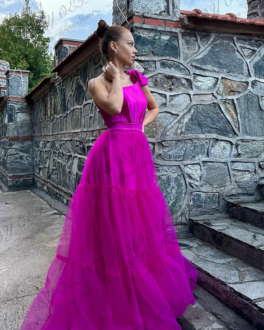 OEING Fuchsia Tiered Evening Dresses Bow Spaghetti Strap Prom Gowns Floor Length Vestidos De Fiesta For Foamal Party Dress 2024