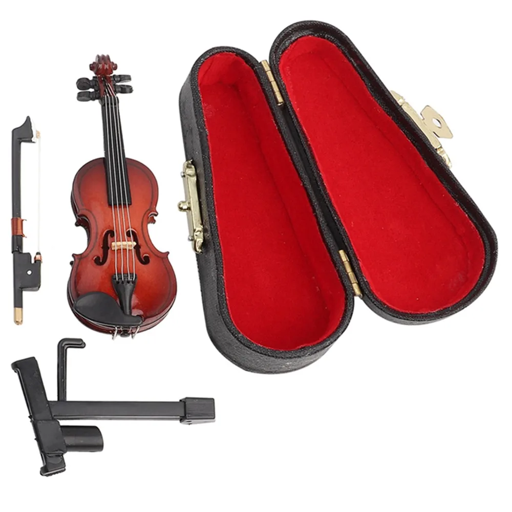 Wooden Miniature Violin Model With Stand Case With Bow Mini Musical Instrument Red-Brown Handmade Mini Violin Replica Room Decor