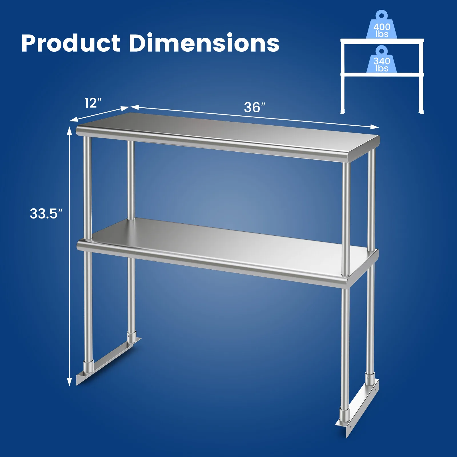 2-Tier Overshelf for Prep & Worktable Stainless Steel Adjustable Lower Shelf 36"