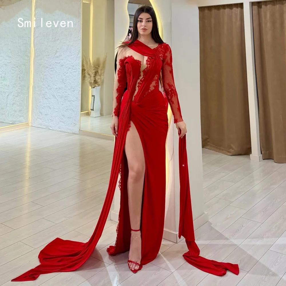 

Smileven Luxury Noval Mermaid Evening Dress Sexy Side Silt Formal Prom Dresses Lace Red Party Gowns Customized 2026