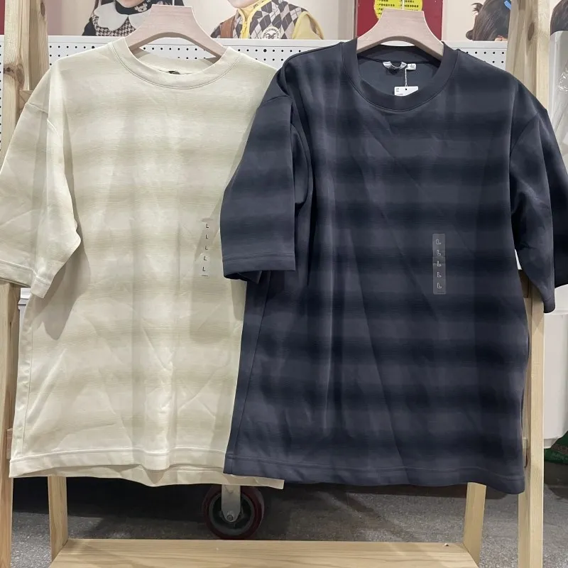 

Футболка из смесового хлопка в полоску, свободного кроя, с рукавом 5/4, круглым вырезом, для мужчин и женщин, парная, летняя, дышащая, комфортная.