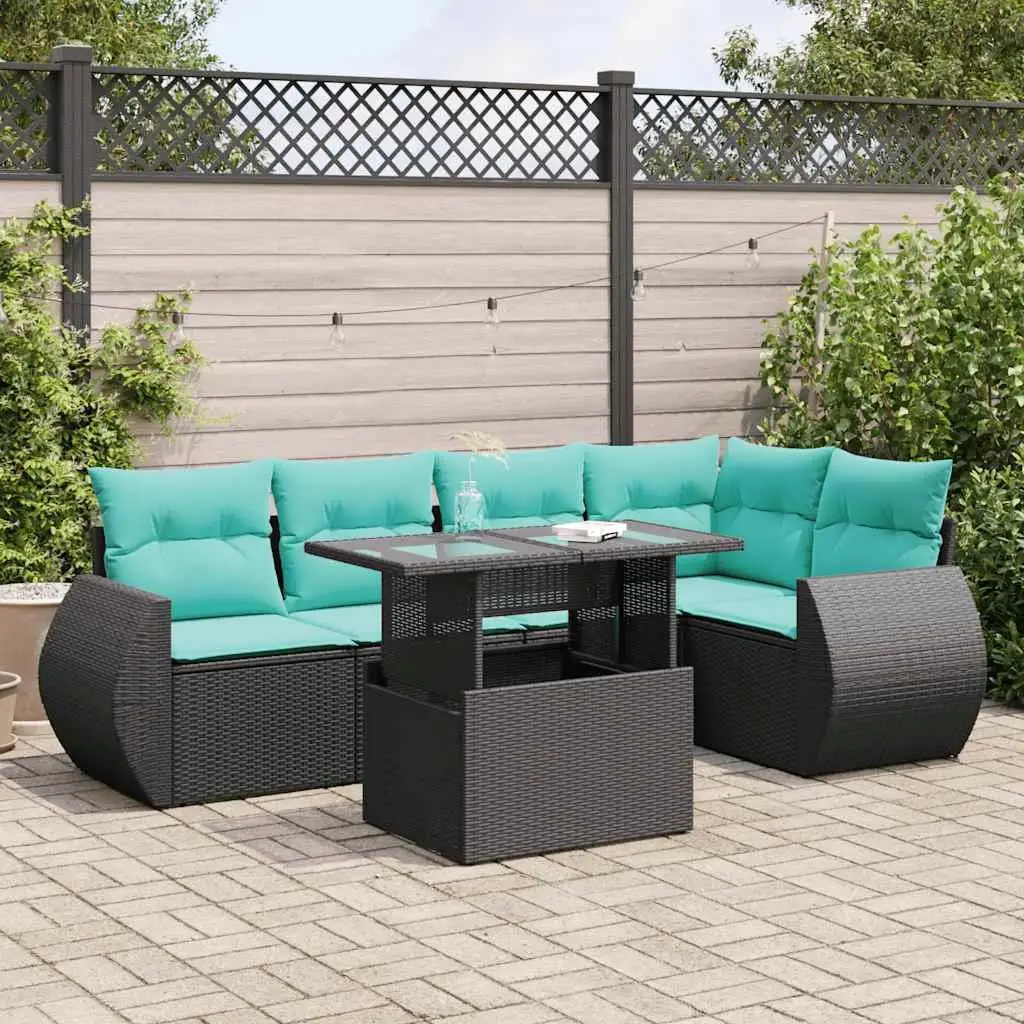 

6 Piece Outdoor Patio Sofa Set with Cushions Black Poly Rattan Acacia Furniture