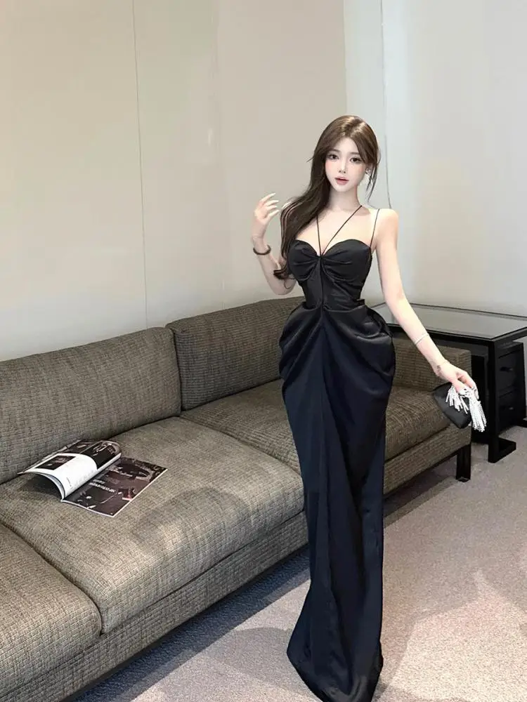 

French Fashion Summer Black Sexy Club Backless Pleated Slip Long Dress Women Slim High Waist Evening Party Dress Ladies Vacation