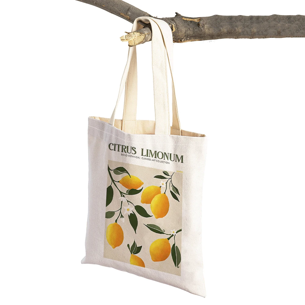 Cartoon Lemon Women Shopping Bags Double Print Decor Plant Casual Canvas Shoulder Handbag for Child Gift Shopper Bag