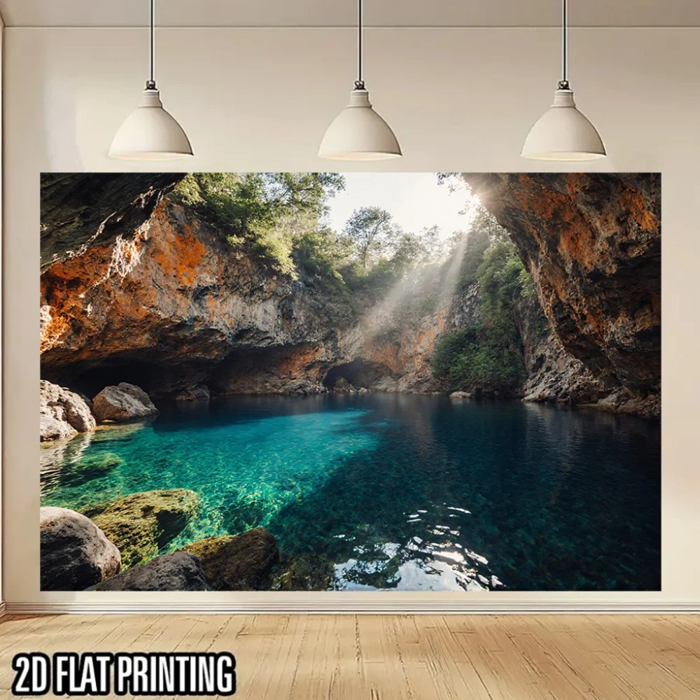 1pc Large Blue Sapphire Lake Cave Wall Hanging Banner - UV Printed Polyester Fabric, Deep Cave Scene with Lush Greenery & Sunlit