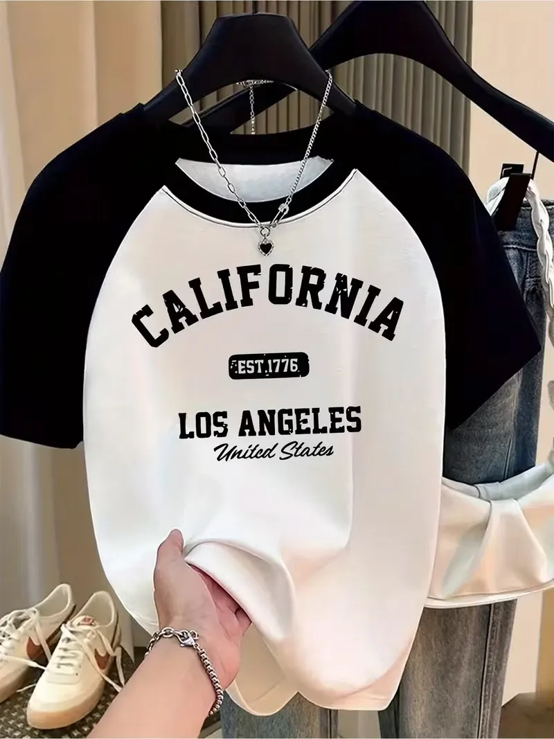 Camiseta Gráfica de Mujer con Diseño de Corazón, California, EST 1776, Los Ángeles, Estados Unidos, Camiseta Informal con Estampado Gráfico, Camiseta Y2k