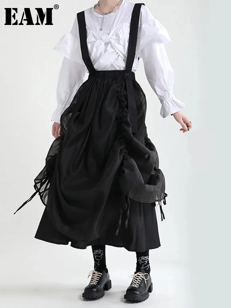 [EAM] High Waist Black Drawstring Irregular Long Strap Half-body Skirt Women Fashion Tide New Spring Autumn 2024 1DE2821