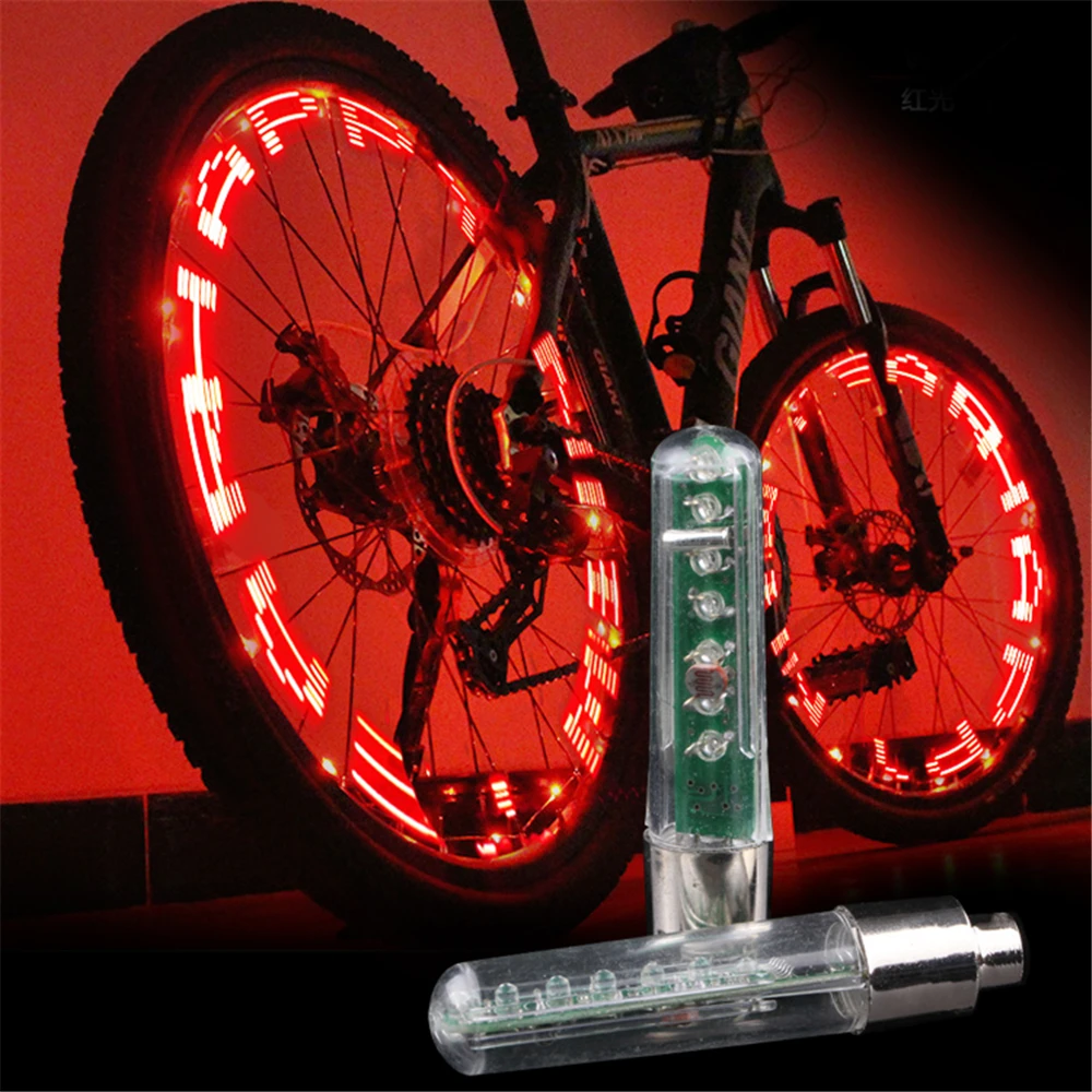 Tapas de válvula de neumático con letras, lámpara de radios de rueda de bicicleta, luz LED de doble cara de 7 colores para bicicletas, motocicletas,