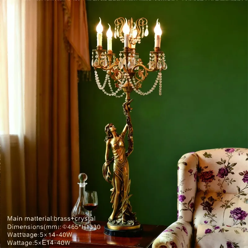 Decorative Luxury French Antique Brass Lady Statue Table Lamp 5 Arm Crystal Candlestick Living Room Table Lamp