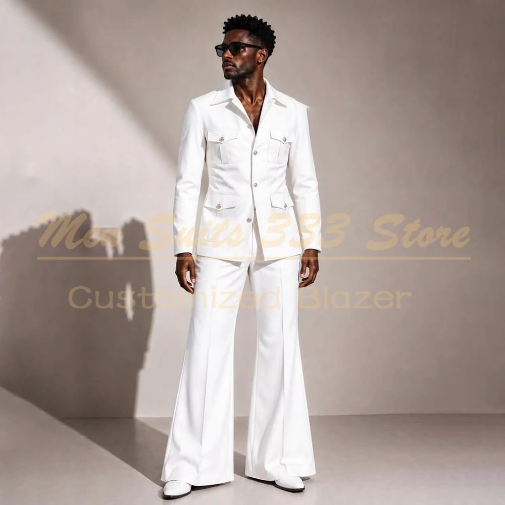 Luxury White Safari Men's Suits Single Breasted Stand Lapel Slim Fit 2 Piece Jacket Pants Outfits Luxury Male Clothing Terno