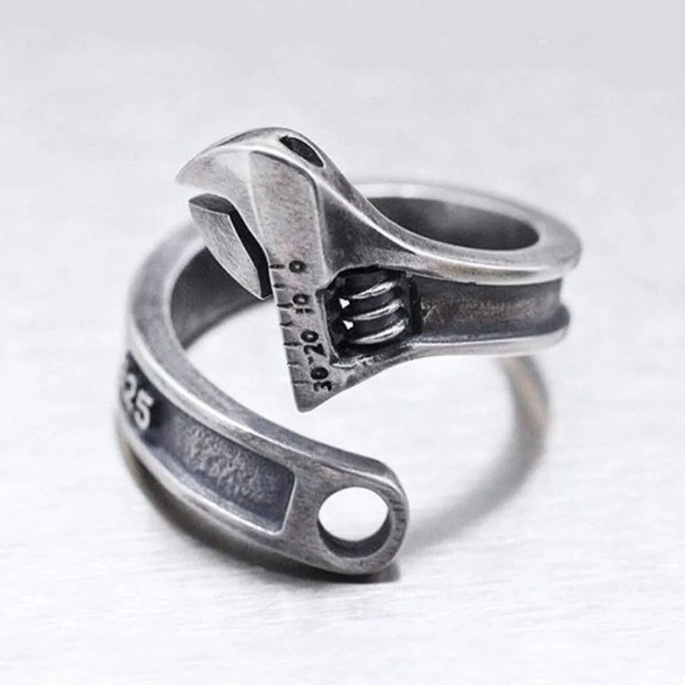 Adjustable Wrench-Shaped Open Ring Heavy Duty Silver Plated Spanner Finger Ring Hip-Hop Industrial Look Biker Jewelry Overlay