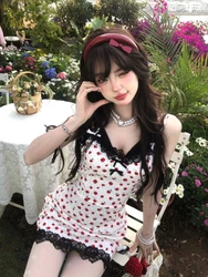 Flower Print Fairy Bow Sleeveless Women Dress Y2k Aesthetic Slim Waist Tunic Lace Patchwork Dresses Sexy Harajuku Split Vestidos