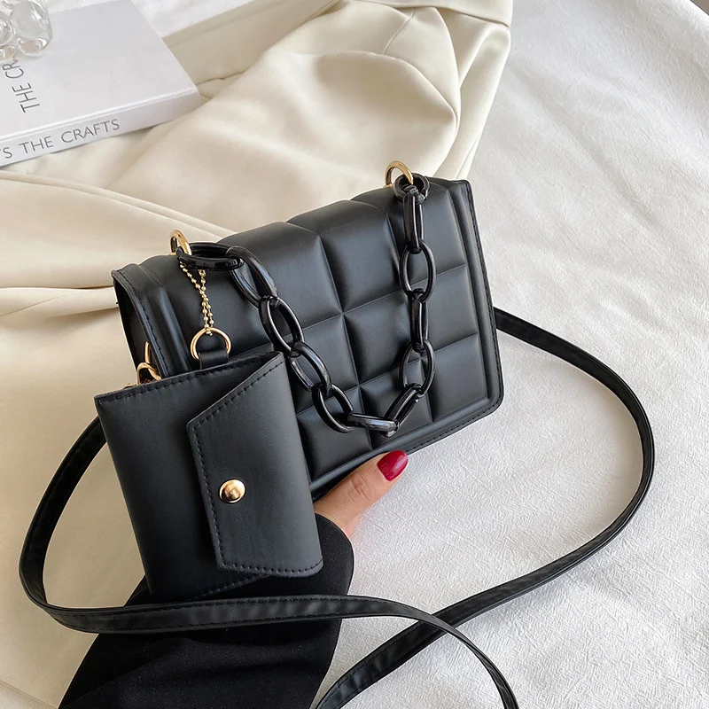 Women Leather Handbags Cross Leisure Simple Hand 2024 New Solid Color Single Shoulder Fashion Thick Chain Small Square Bag