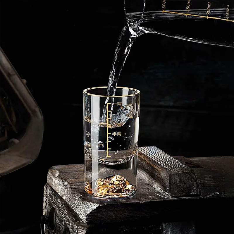 50ml/100ml Creative Gold Mountain Glass Cup Gold Edge Liquor Goblet Spirit Cup with Scale Luxury Chinese Crystal Mug Household