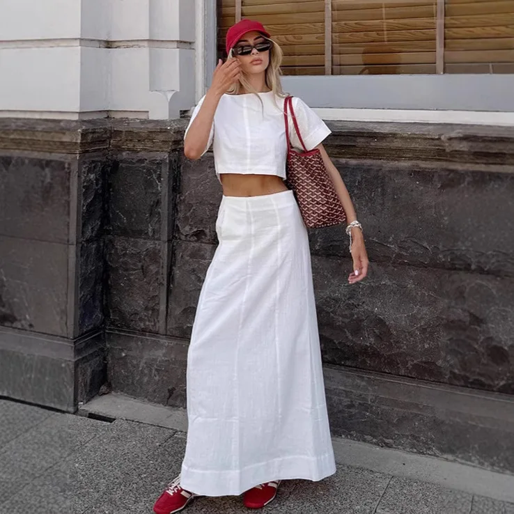 

Women's Top Suit Solid Cotton Lined O-neck Short Sleeve Cropped Tops Loose Elastic Waist Midi Skirts Female Outfits Lady Outwear