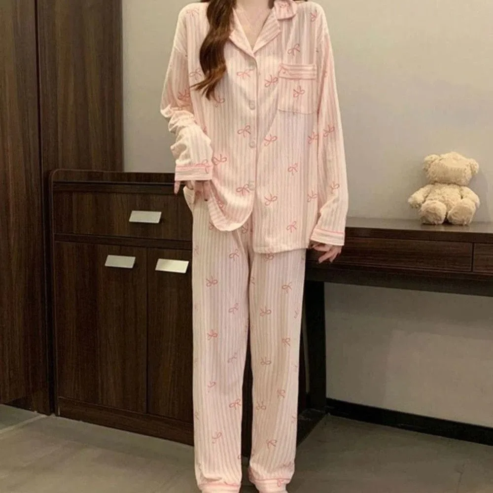 

Fashion Stripe Bow Pajamas Set Loose Korean Style Long Sleeves Pajamas Casual Home Wear Two Piece Nightwears Autumn