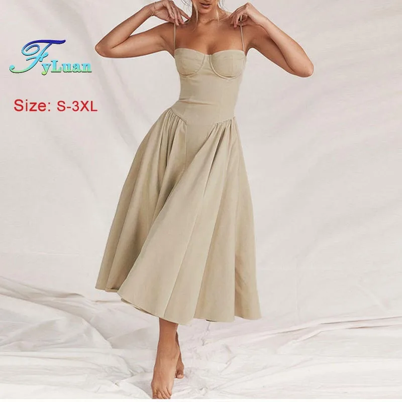 2025 Spring New Women Dress Elegant French Style Suspender Dress Retro High-Waisted Solid Color Long Dress Lady Prom Party Gowns