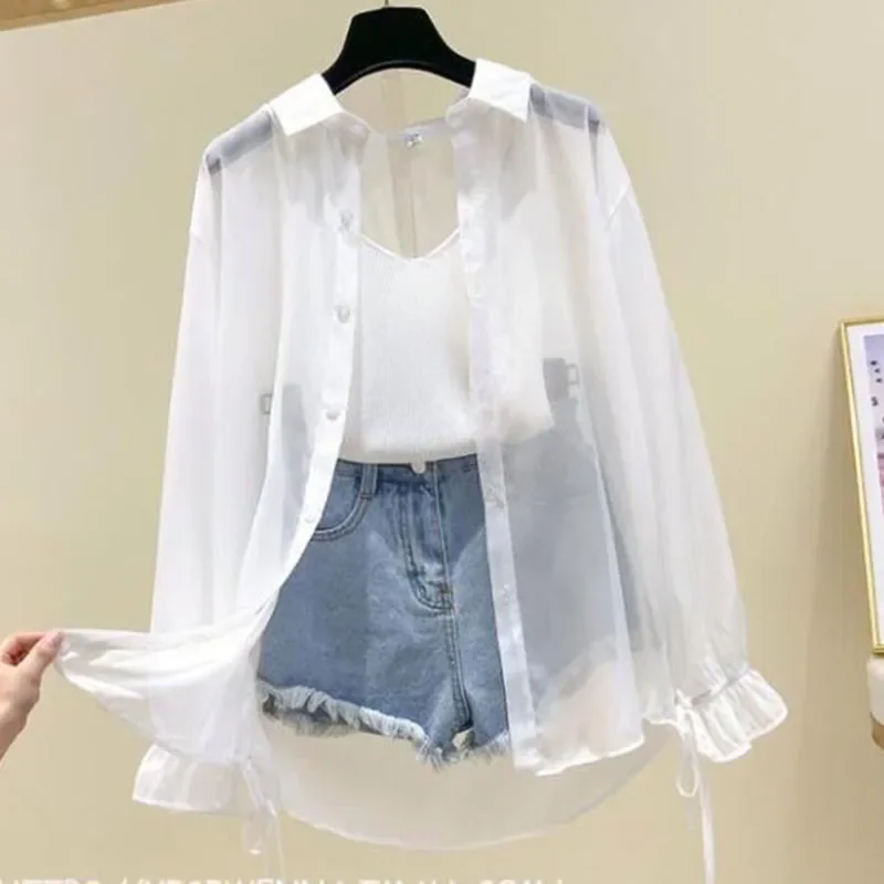 

2026 Chiffon Blouses for Women Summer Thin Loose Button-Up Sunscreen Shirt Woman Korean Fashion Bow Lace-up Long Sleeve Shirts