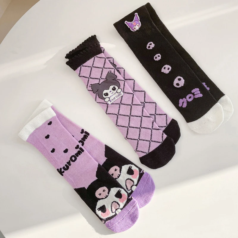 Sanrio Kuromi Long Socks das meninas, meias tubo médio, meias de dança, Lolita JK, menina bonito, acessórios doces, desenhos animados, crianças, conjunto 3pcs