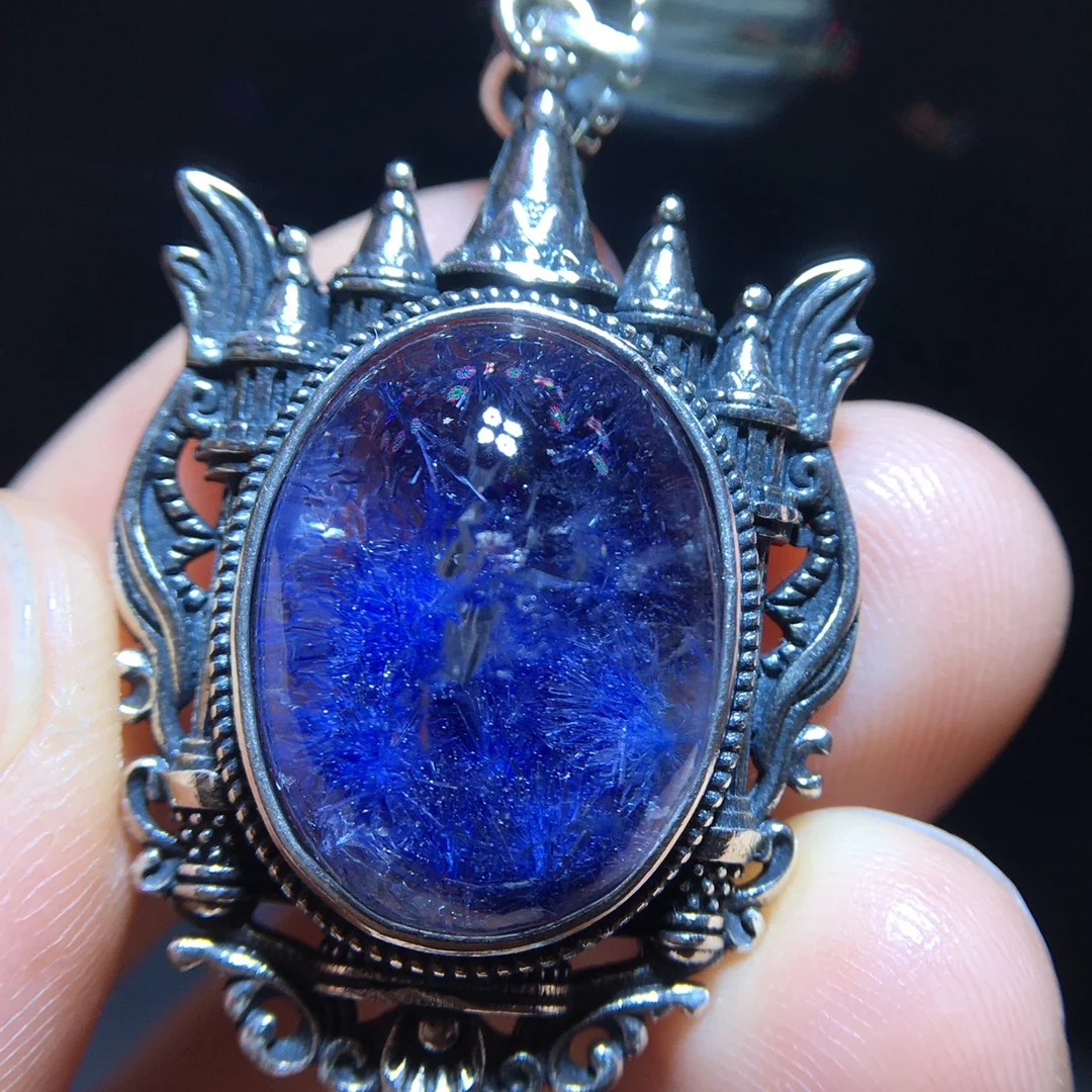 

Natural Blue Rutilated Dumortierite Quartz Pendant 18.1/14mm Clear Flower Necklace Gold Jewelry AAAAAAA