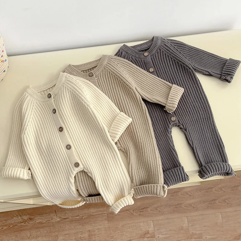 Herfst Pasgeborenen Korte Baby Meisjes Jongens Uit Één Stuk Kleding Gebreide Romper Effen Baby Jongens Jumpsuit Dikke Breigoed Outfits