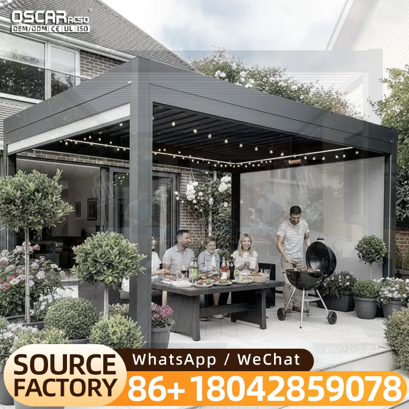 Motorized Grey Arbour Louvre Gazebo Aluminum Pergola with LED Lights for Garden Patio Backyard pergola