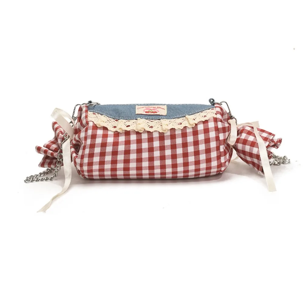 

Literary Canvas Candy Shape Bag Metal Chain Cherry Red Plaid Crossbody Bag Portable Cloth Denim Lace Shoulder Bag Travel