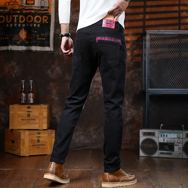 Men's jeans with black patchwork, perforated patch, slim fit, autumn casual fashion brand, American style, street cool pants