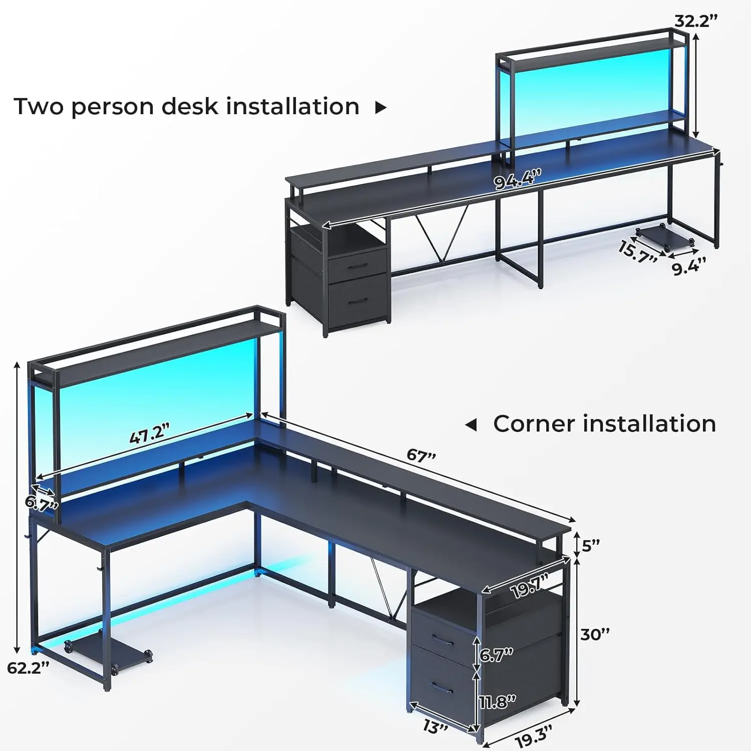 L Shaped Gaming Desk, Home Office Desk com gaveta de arquivos e prateleira Monitor, Black Corner Computer Desk, 94,4"