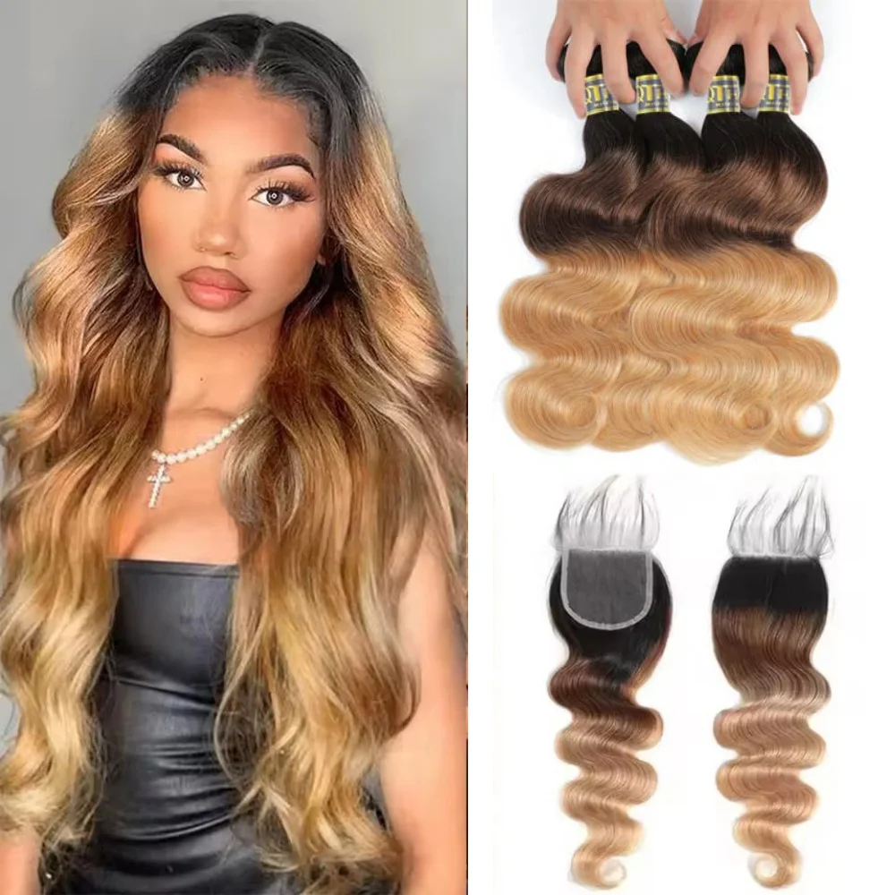 

1B/4/27 Ombre Body Wave Human Hair Bundles With Closure Colored Human Hair Body Weave Bundles Remy Hair Extensions For Women