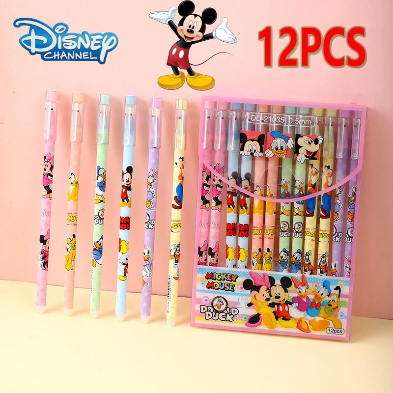 

12pcs/box Mickey Mouse Erasable Gel Pens Disney Anime Peripherals School Supplies Cute Stationery Kawaii Black Neutral Pen Gifts