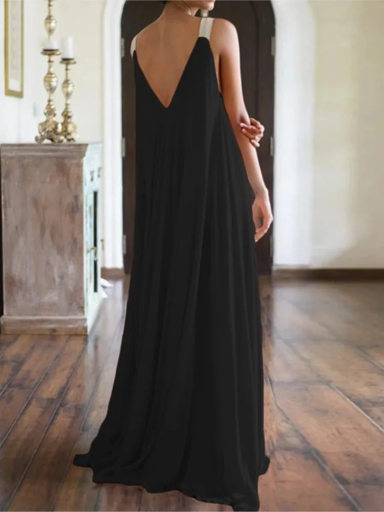 

Elegant Loose Dress For Women Fashion Solid Sleeveless V Neck Pullover Dresses Robe Femme Casual Holiday Womens Clothing Summer