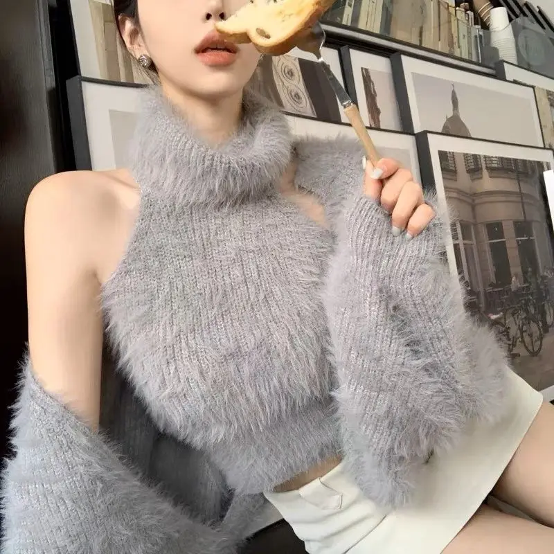 

2023 New Autumn Winter Grunge Two Pieces Set Women Y2k Fashion Cardigan Coats Fluffy Pullovers Sweaters Cropped Cloth Solid Vest