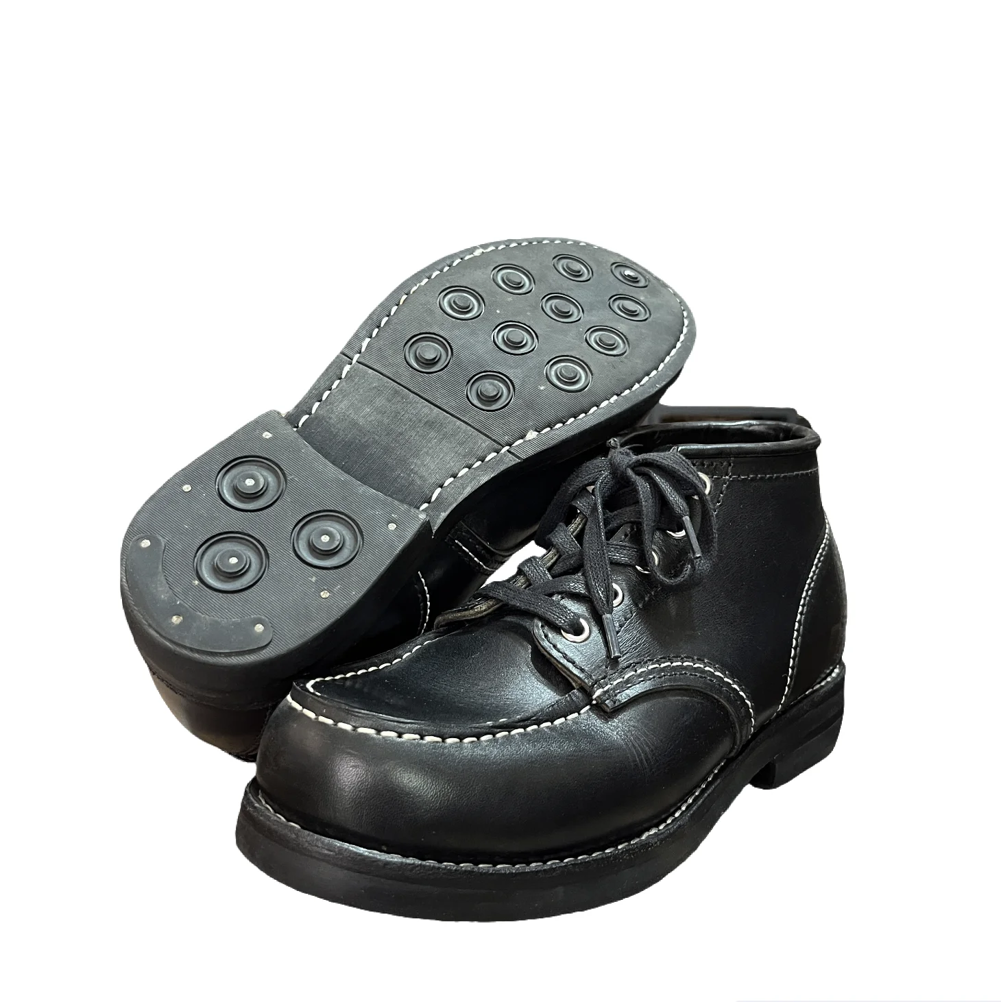 AL500 Men Moc Toe Leather Work Boots Goodyear Welt Thick Studded Rubber Sole Retro Biker Ankle Boots For Outdoor Daily Riding