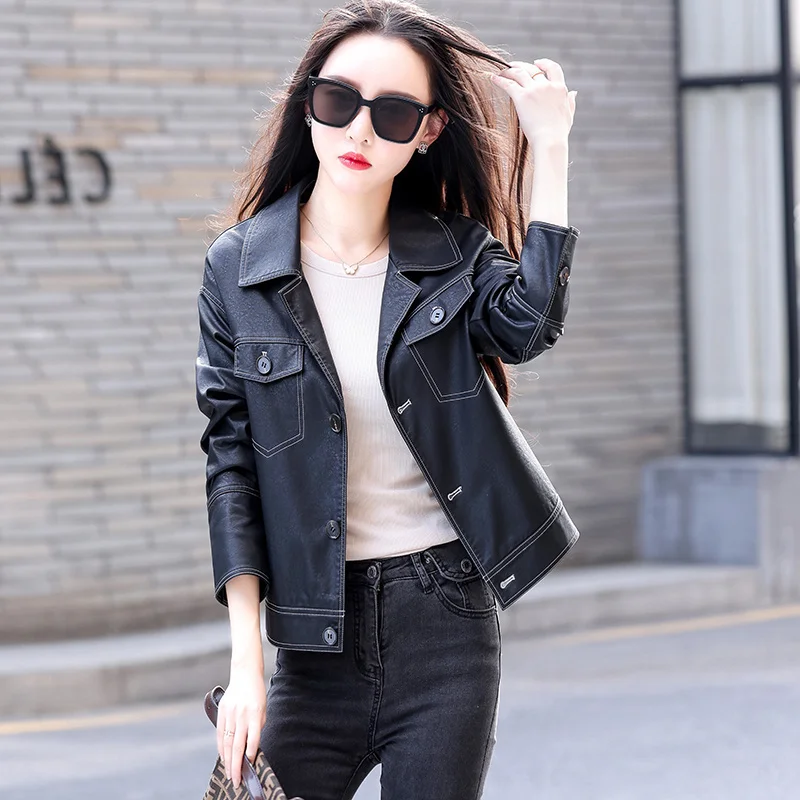 2023New Leather coat,Genuine Leather Jackets Women's Short New Motorcycle Jacket Autumn New Sheepskin Leather Jacket Slim Lapel