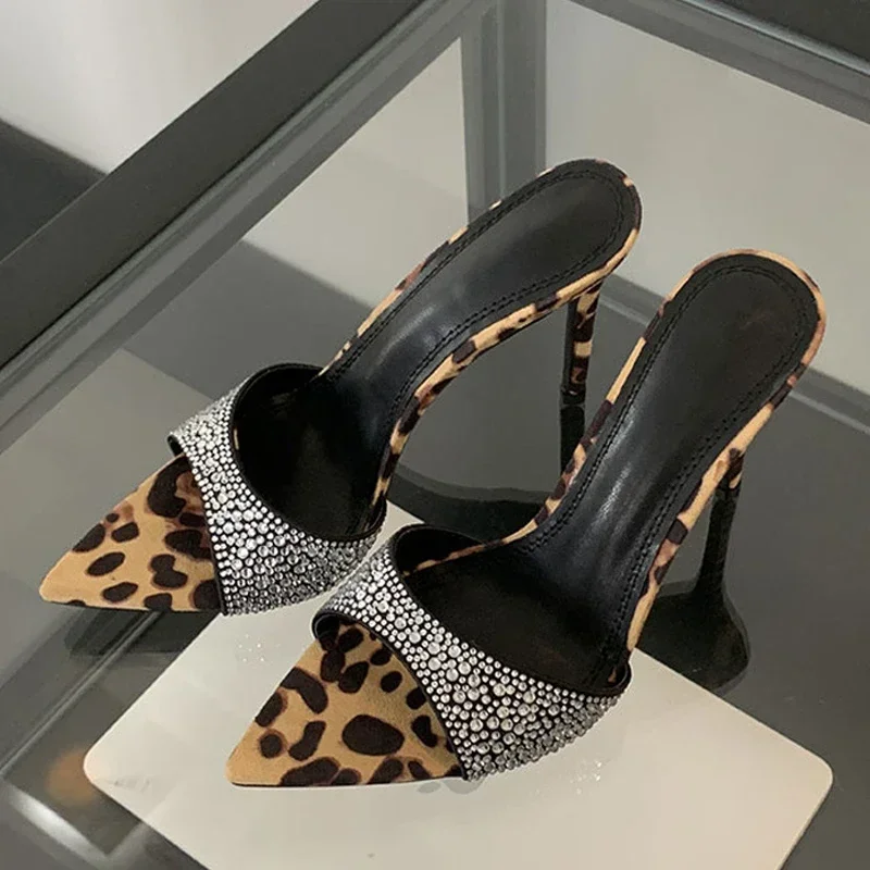 

Sexy Rhinestone Leopard High Heels Slippers Summer Peeptoe Pointed Toe Heeled Sandals Dress Party Mules Stiletto Woman Shoes