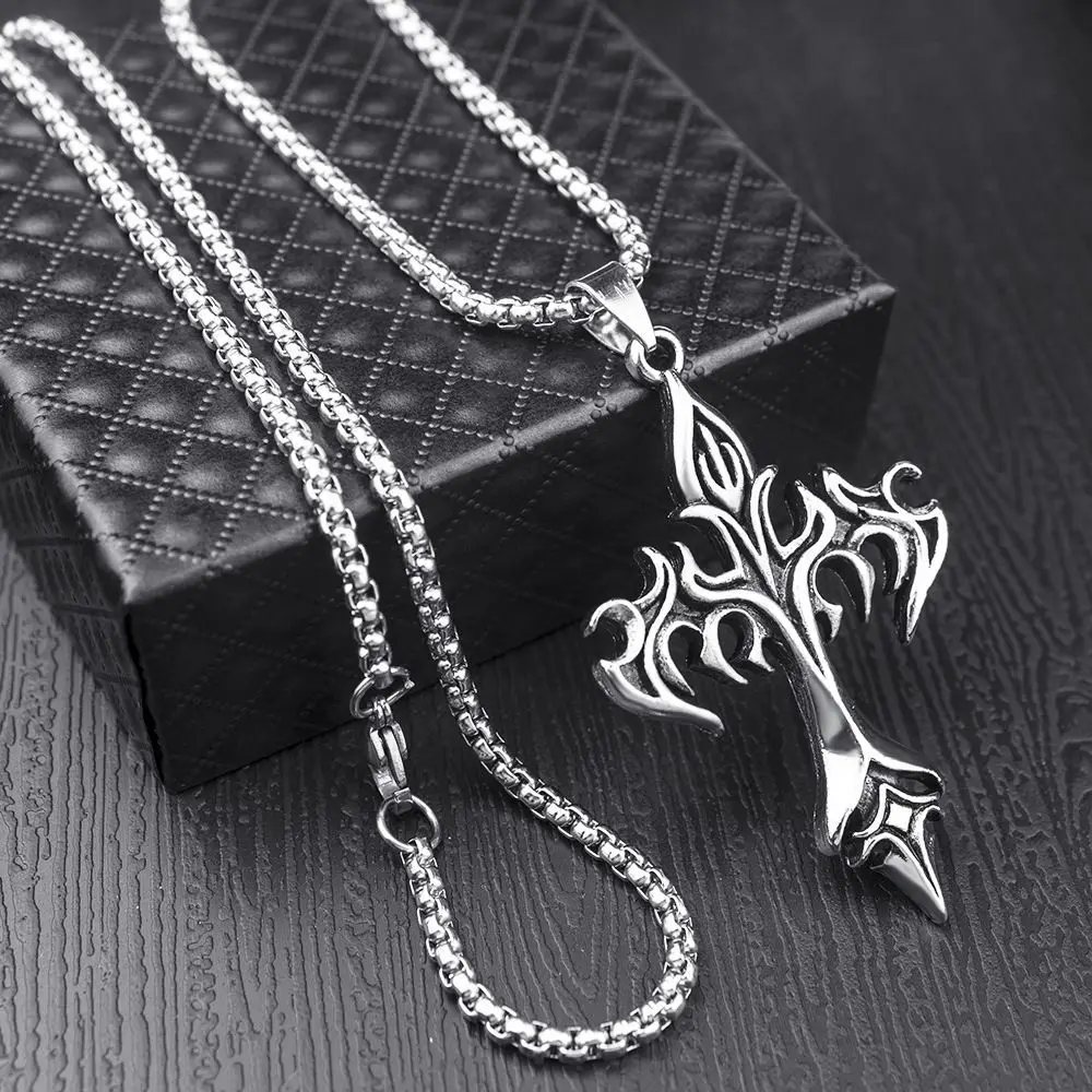 Fashion Stainless Steel Cross Pendant Necklace Flame Retro Cross Titanium Steel Casting Pendant For Men Jewelry Accessories