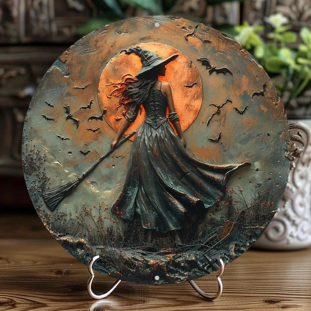 

Round Gothic Witch Aluminum Wall Art - Durable, Easy-Clean Metal Sign with Flying Witch & Bats Design, T Halloween Decor, 2D
