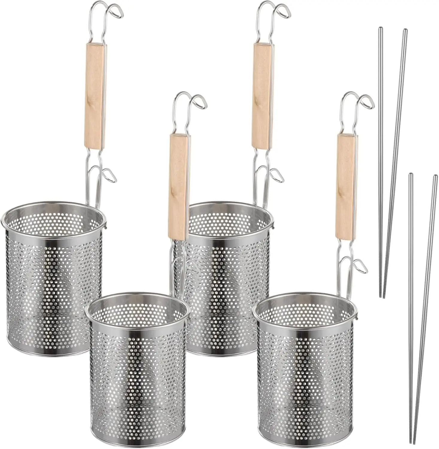 

4 Pcs Pasta Strainer Set with 2 Pairs of Chopsticks, Stainless Steel Noodle Strainer, Wooden Handle Strainer, Fine Mesh