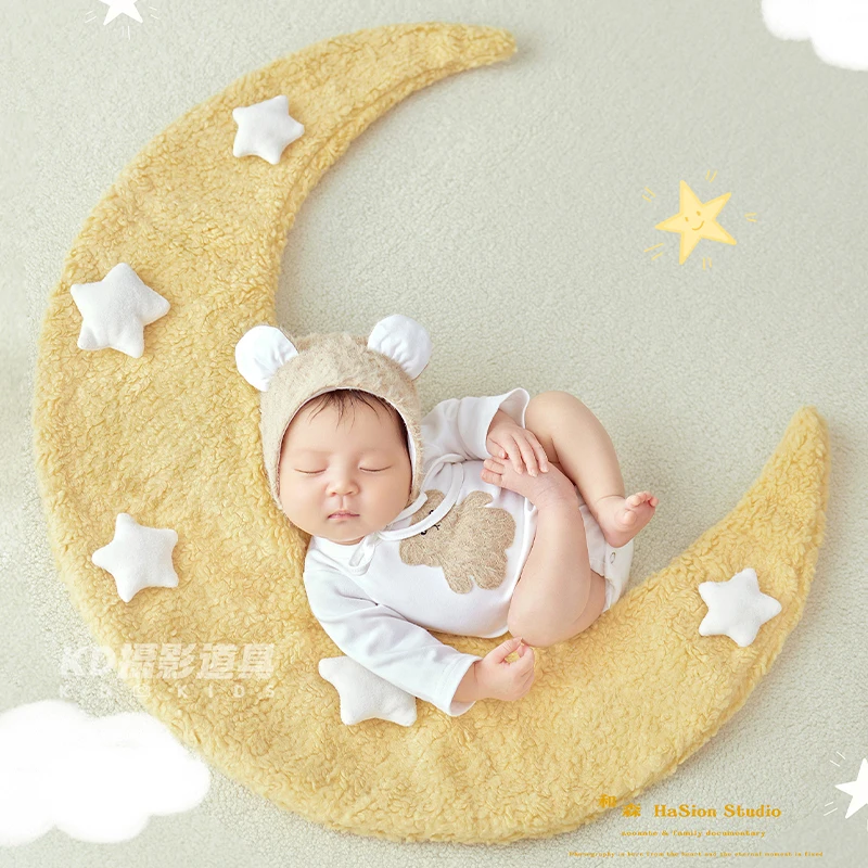 Newborn Photography Outfit, Bear Ear Hat + White Romper, Moon Star Theme Baby Photography Props, Infant Studio Shooting Costume