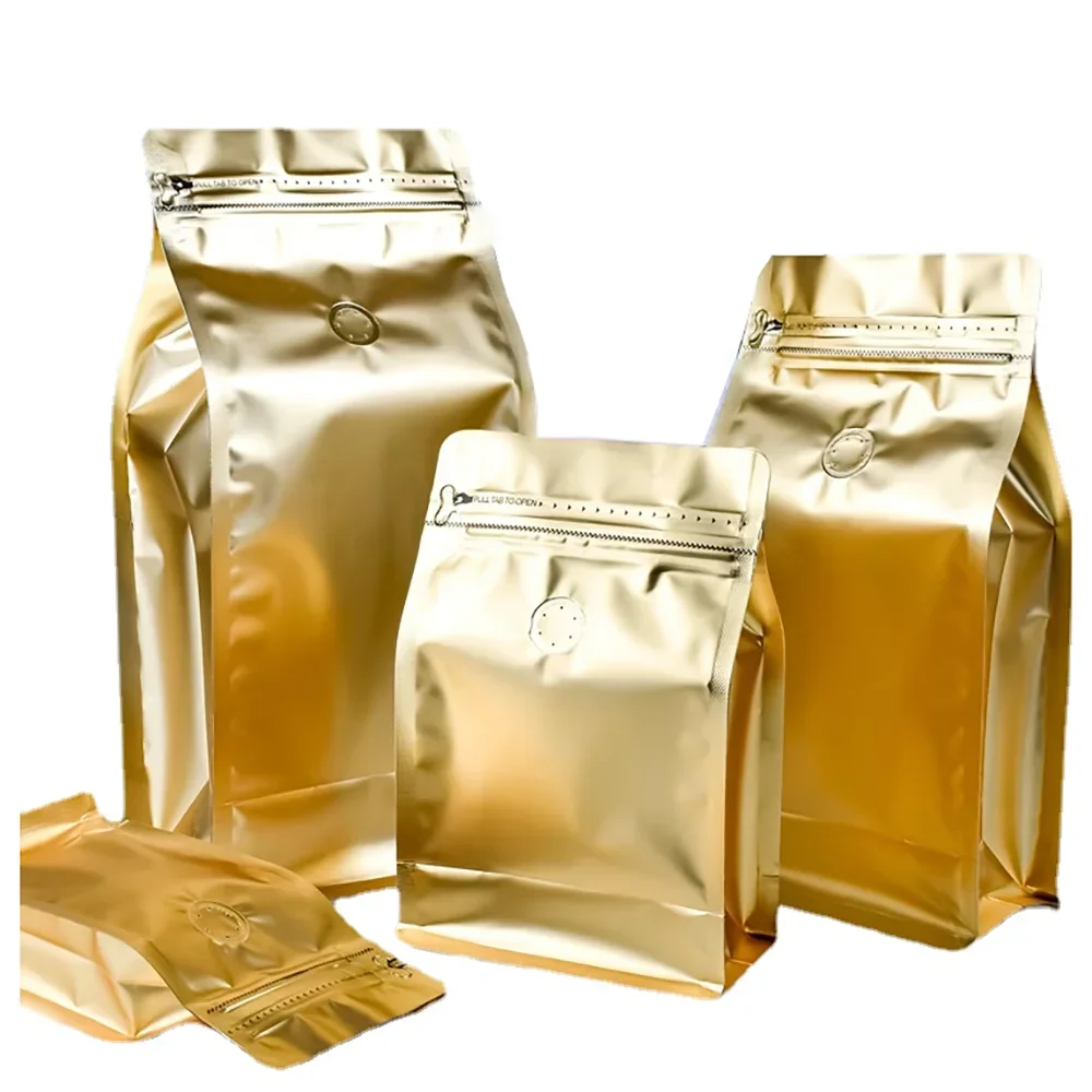 50PCS Gold Roast Coffee Bean Powder One Way Valve Ziplock Flat Bottom Aluminium Foil packaging Bags 100g 250g 500g 1kg