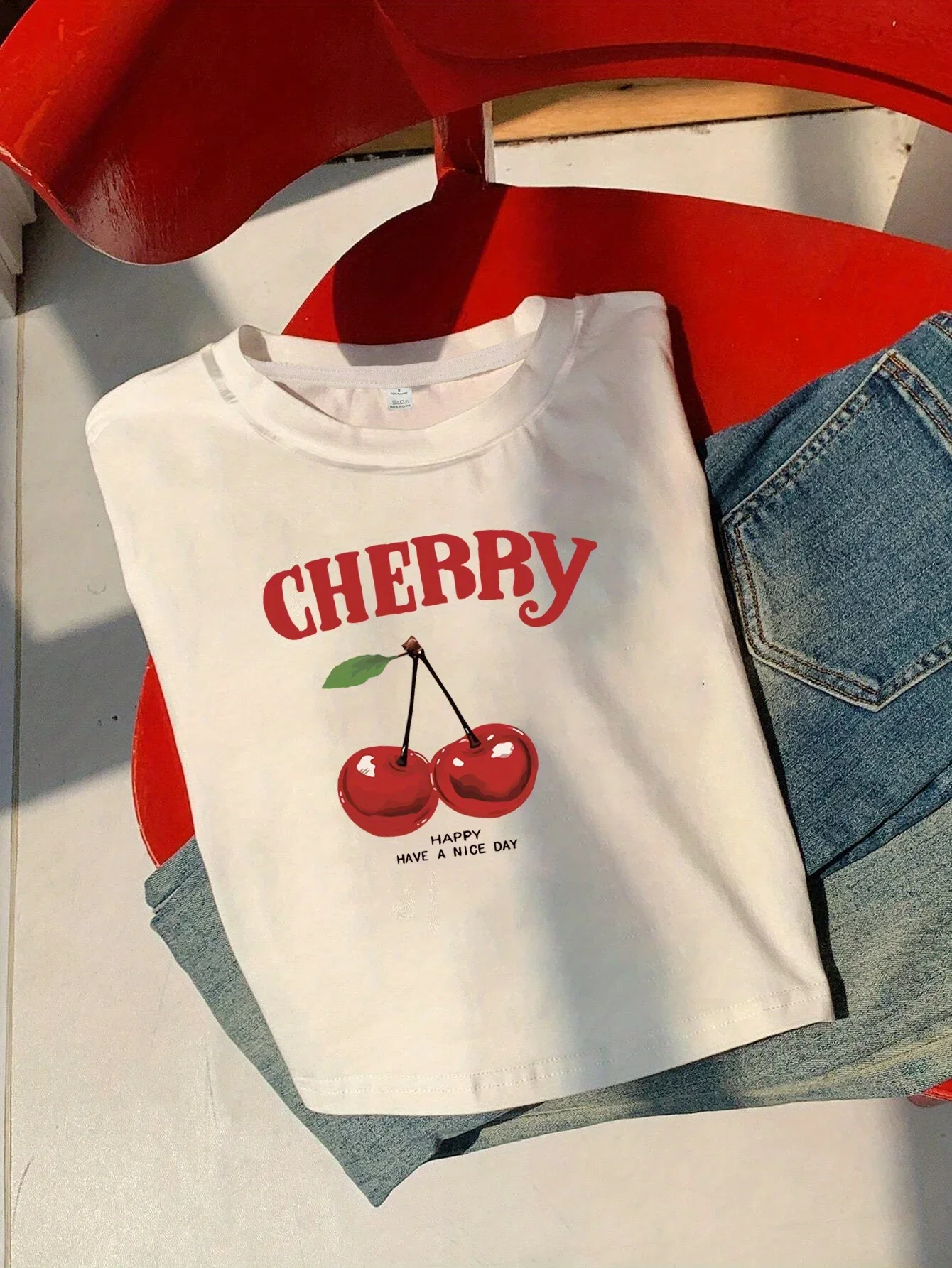 Casual T-shirt for Spring & Summer Women's Clothing Cherry Print T-shirt Short Sleeve Crew Neck Streetwear Summer Vintage
