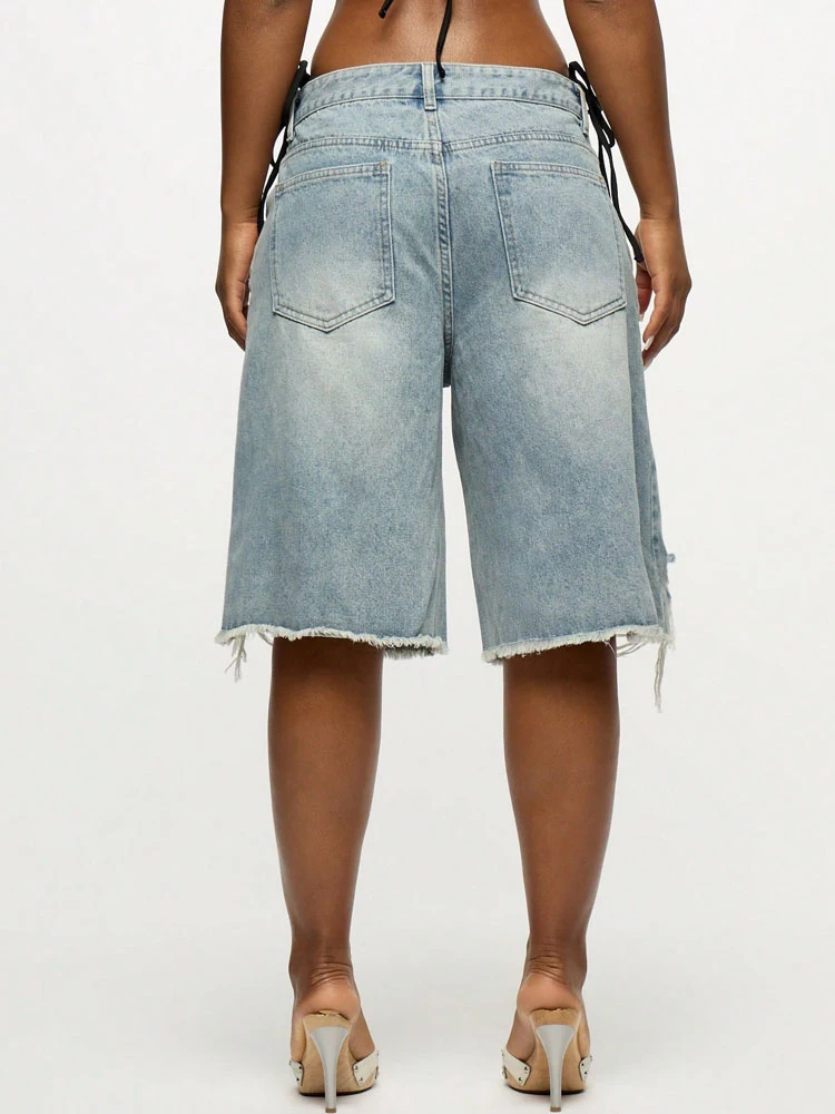 Chic Hollow Out Ring Hole Denim Shorts Women Fashion Ripped Tassel Loose Five-point Camouflage Jean Pants Hot Girl Summer Hiphop