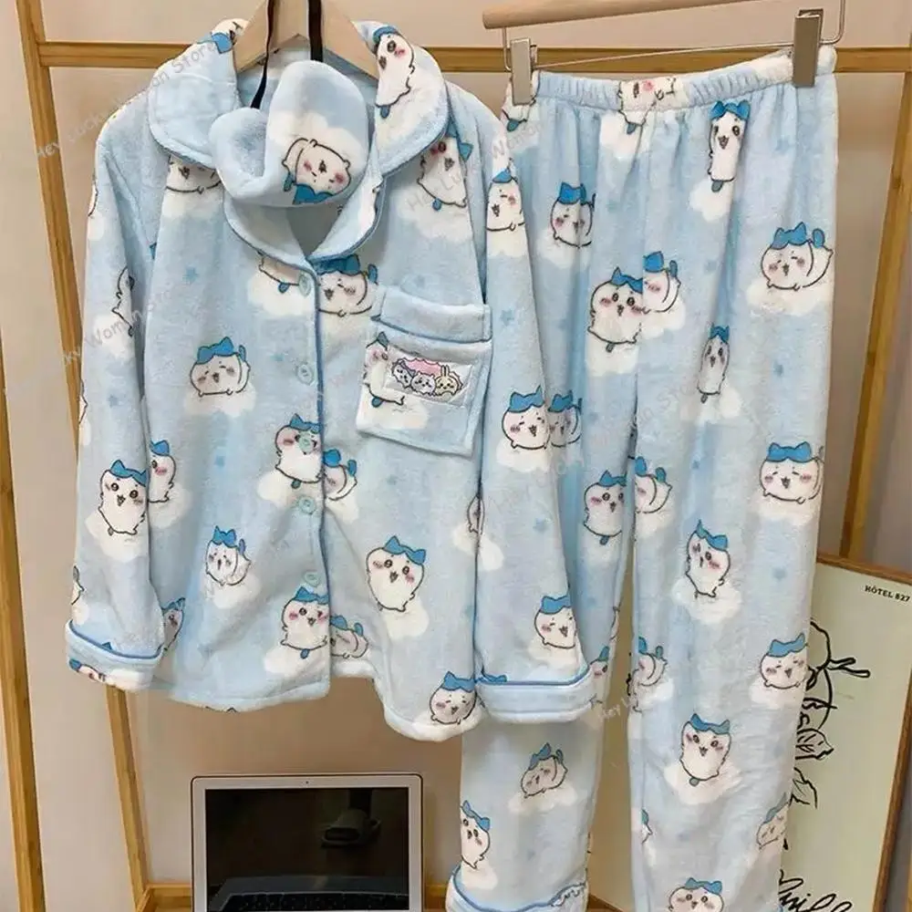 New Chikawa Flannel Thickened Winter Usagi Long Sleeved Pajama Pants Set for Women Plus Velvet Cute Blue Hachiware Home Clothes