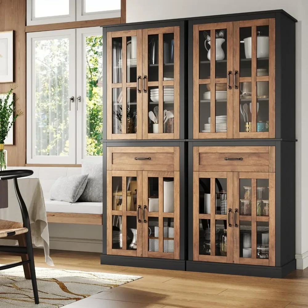 Kitchen Cabinet, Tall Cabinet with Glass Doors and Drawer, Freestanding Pantry Hunch with Adjustable Shelves, Cabinets Kitchen