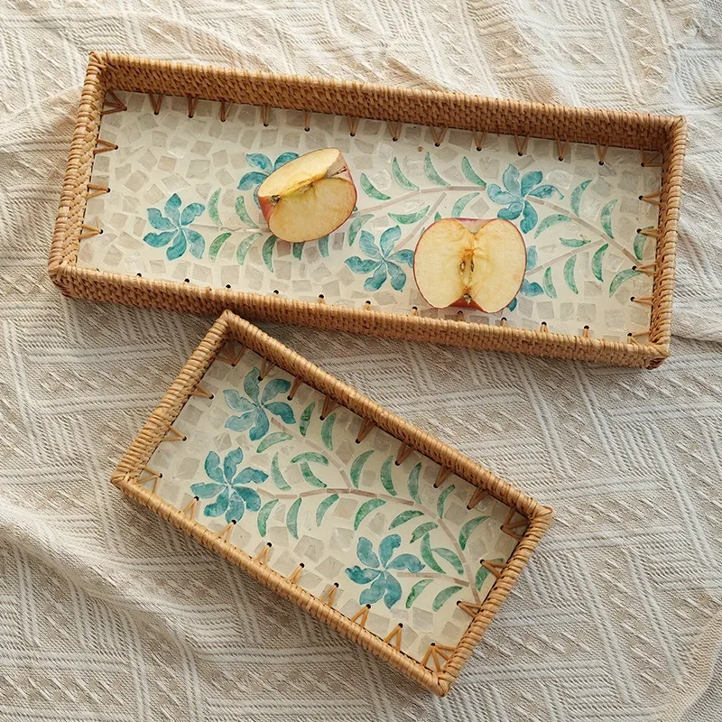 

Handmade Rattan Shell Colorful Storage Tray Rattan Shell Tray Home Decoration Fruit Inventory Storage Plate Rectangular Plate
