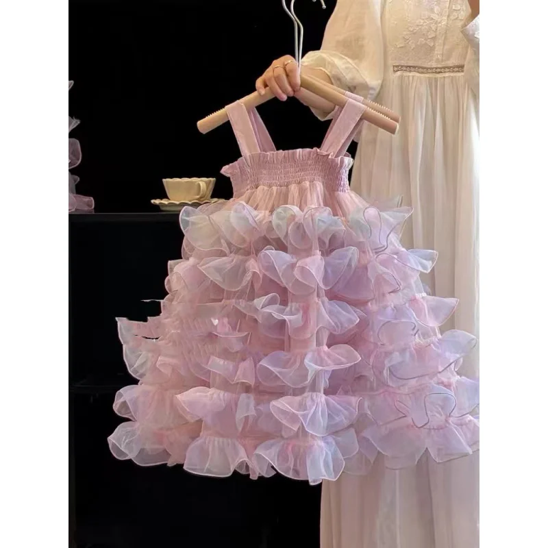 

Girl's Cake Skirt Dress24Summer Children's Baby Colorful Birthday Dress Suspender Dress Umbrella Princess Dress