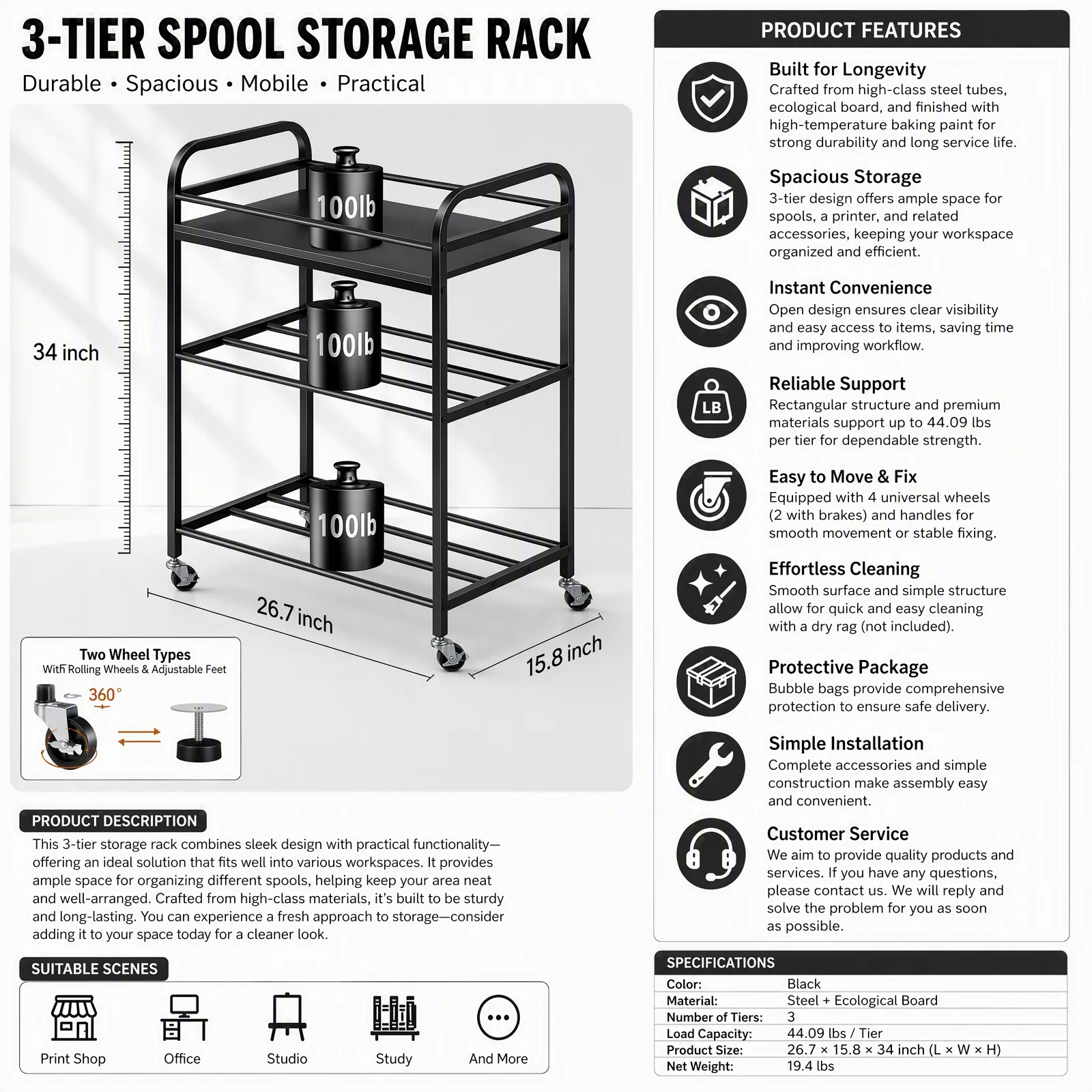 3-Tier Storage Rack with Wheels, Filament Spool Holders Rack for 3D Printers, Sturdy Steel Cart with 4 Casters & 44 lbs Capacity per Shelf, Printer Filament Storage Organizer for Office Workshop, Black